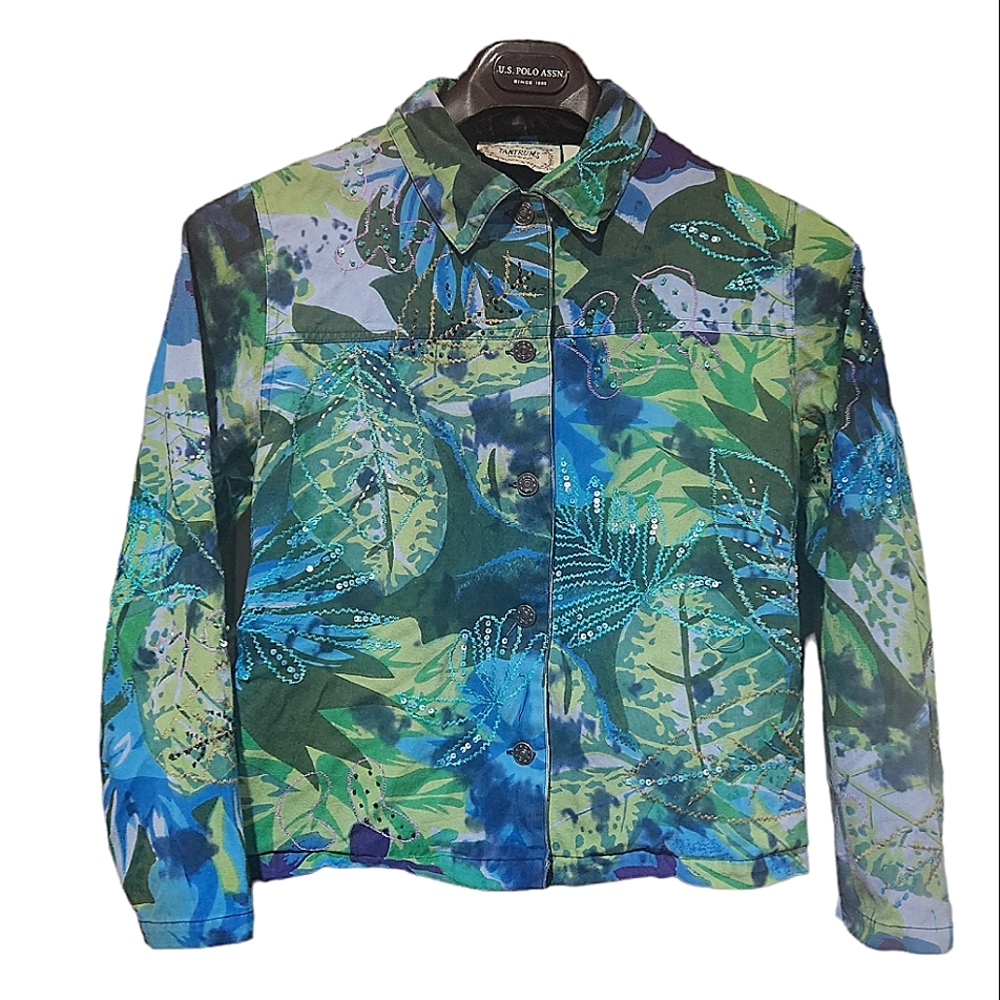 RARE Vintage Beaded Sequined 100% Cotton Button Down Denim Jacket